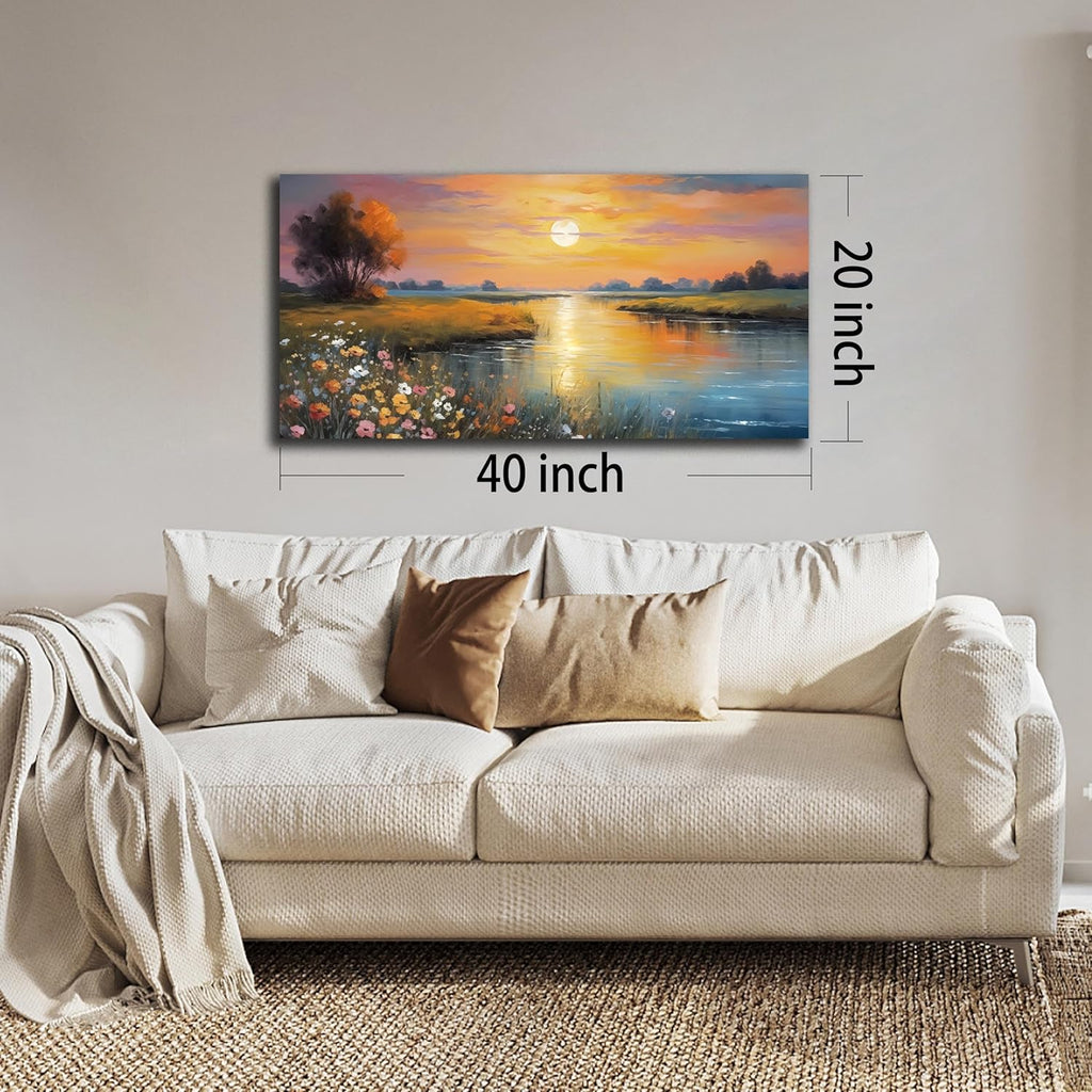 Orange Yellow Sunset Lake Landscape Canvas Wall Art with Vibrant Colorful Wildflowers & Distant Mountain, Serene