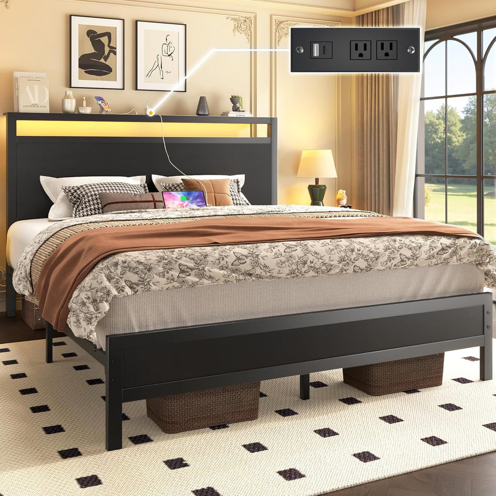Queen Bed Frame with Headboard & Footboard, Bed Frame with Built-in Charging Station & LED Light, Storage Shelf