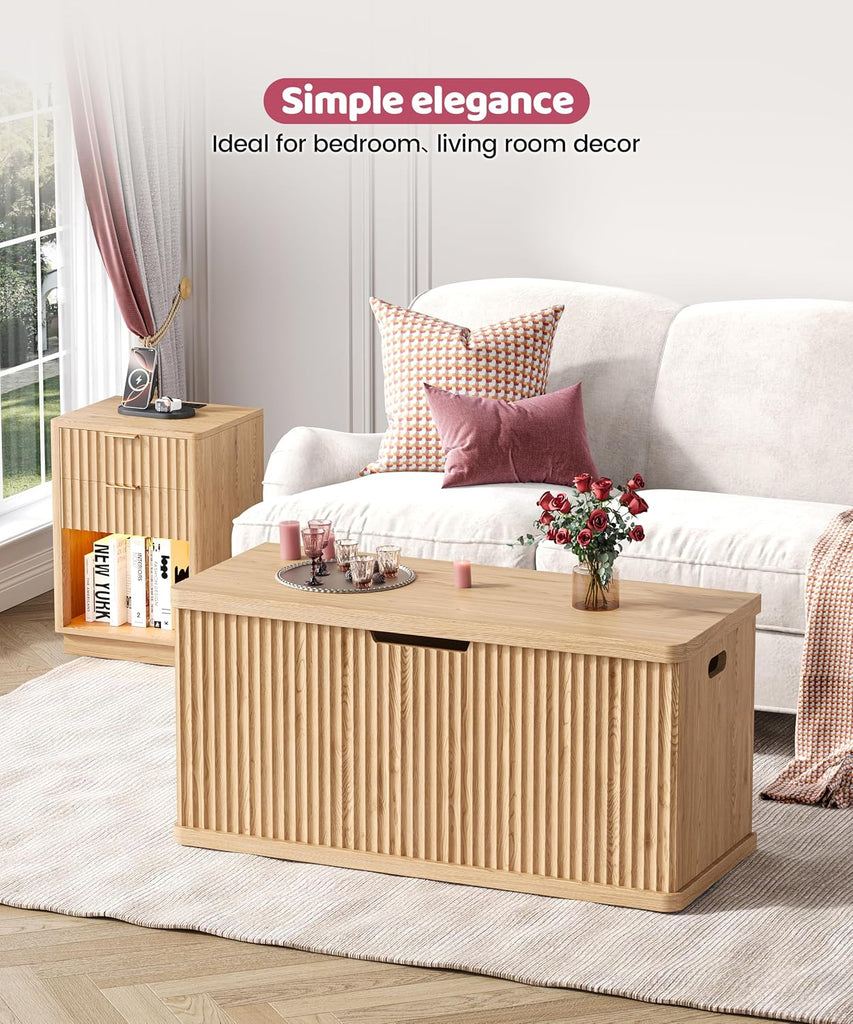 37.4" Fluted Storage Chest Wooden Storage Trunk 2 Safety Hinges Oak | Storage Chest with 2 Safety Hinges & Lift Top