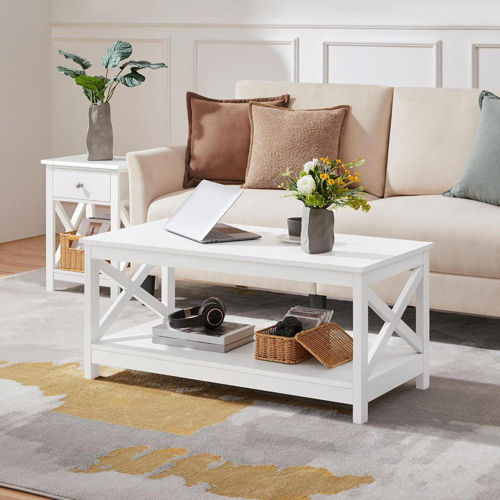 Wood 2-Tier White Coffee Table with Storage Shelf, X Design Accent Cocktail Table, Simple Design Home Furniture