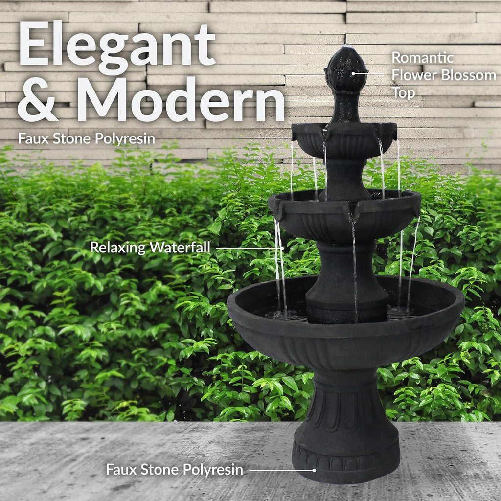 Flower Blossom 43" Tiered Outdoor Water Fountain - 3-Tiered Outdoor Fountain - Black Finish