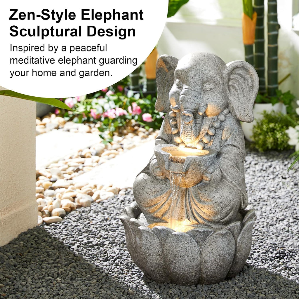 Outdoor Fountains and Waterfalls Zen-Style Concrete Resin Elephant Water Fountains with LED & Pump, Garden Patio