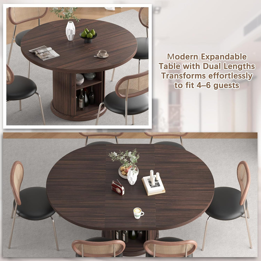 47.2" - 63" Extendable Dining Room Table for 4 - 8, Round‑to‑Oval Expandable Wood Table with Dust‑Proof 2‑Tier