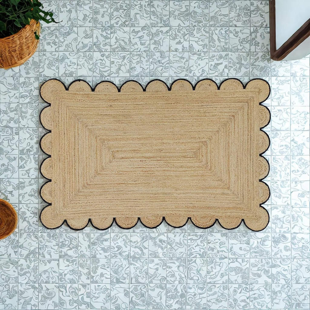 Scalloped Jute Area Rug - 2x3 Ft Natural Handwoven Rug with Black Trim - Farmhouse Boho Entryway Acc