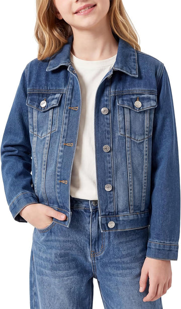 Girls Jean Jacket Long Sleeve Front Button Collared Denim Outerwear