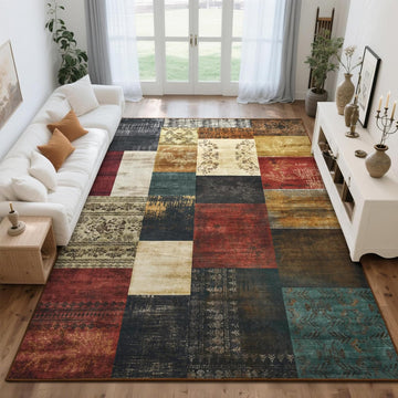 Area Rugs for Living Room, Washable Large Geometric Bedroom Rug | Modern Patchwork Carpet Indoor Non Slip Stain Resistant Throw Rug for Dining Room Office Home Decor, Colorful