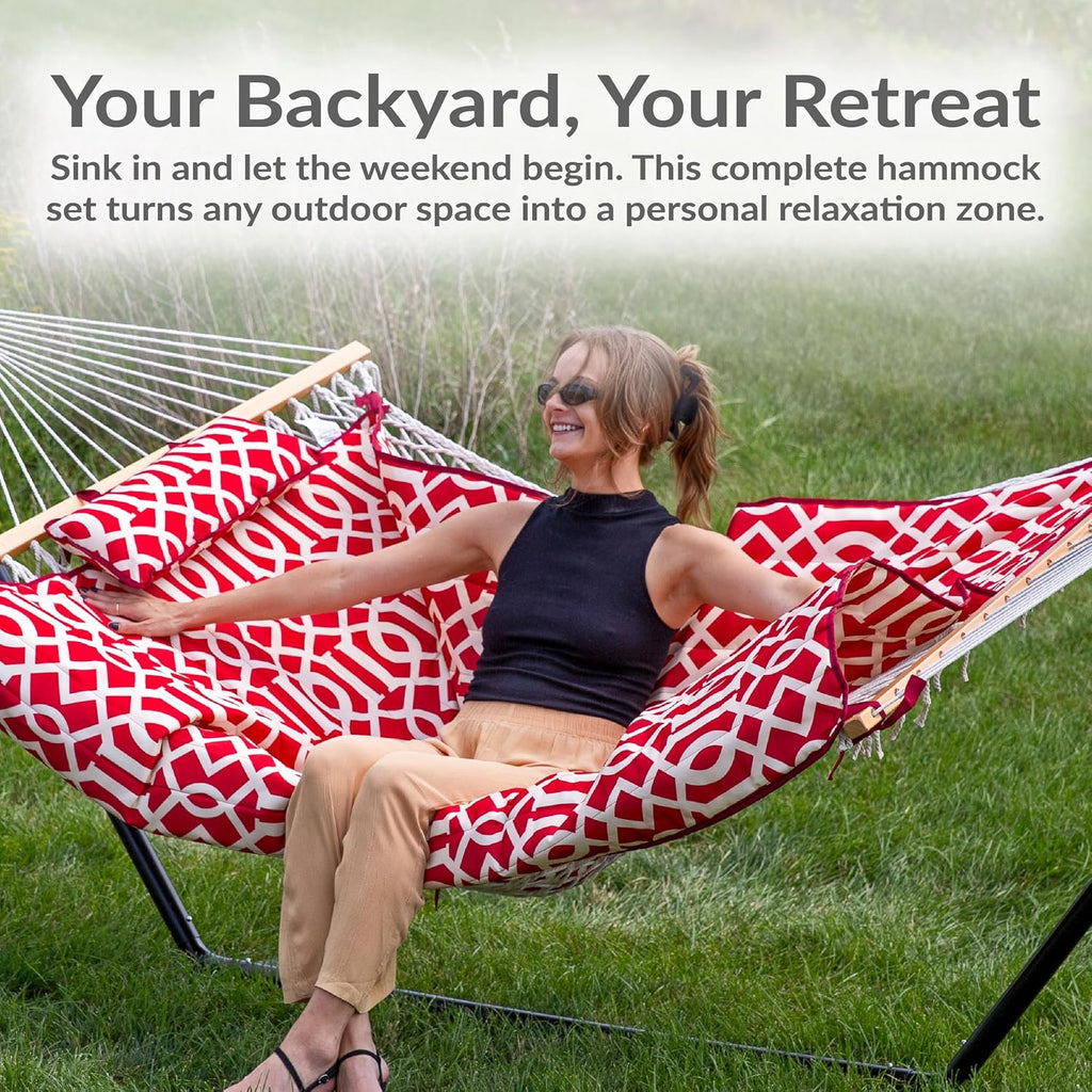 Rope Hammock with Stand for Outside, 450 lb Capacity | Royal Red, Heavy Duty Freestanding Portable Outdoor Hammock