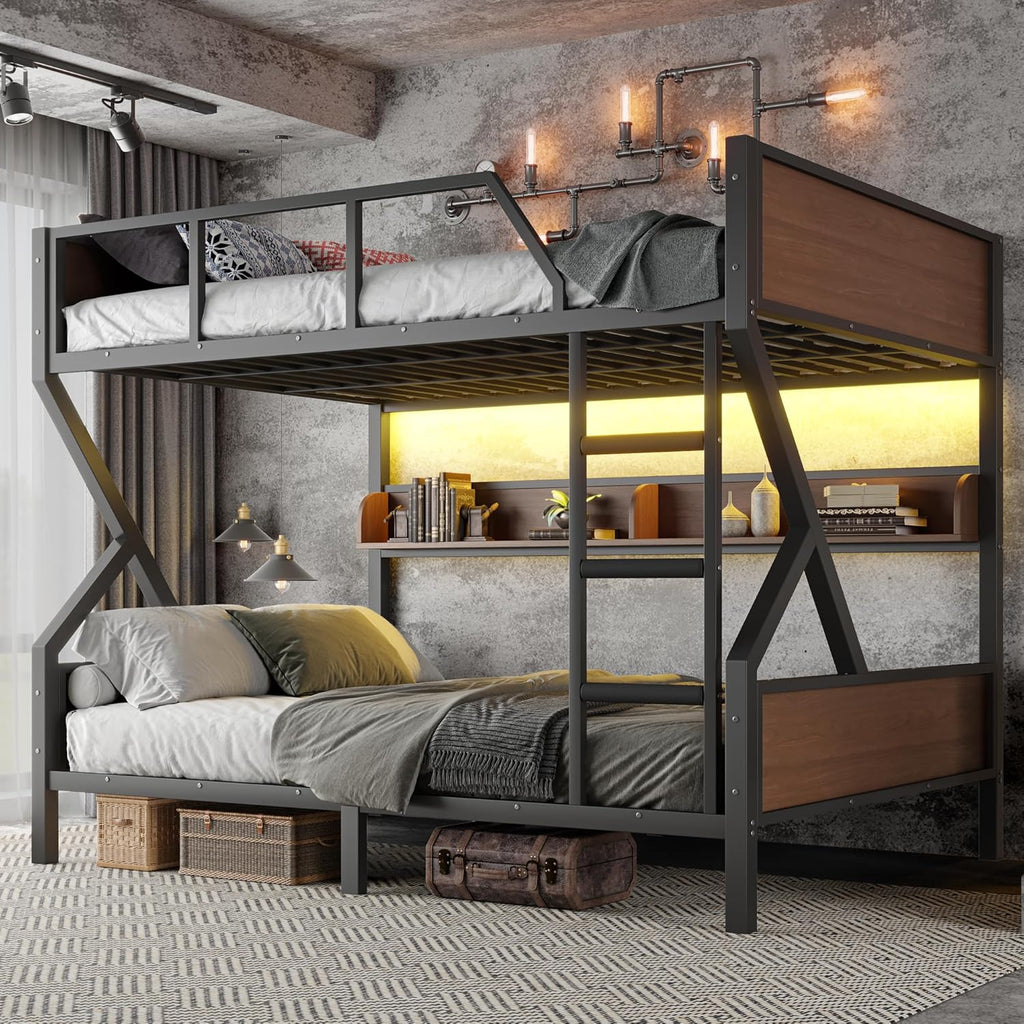 Queen over Queen Bunk Bed with Storage Shelves, Metal Bunk Beds with Ladders and LED Lights