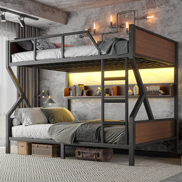 Queen over Queen Bunk Bed with Storage Shelves, Metal Bunk Beds with Ladders and LED Lights