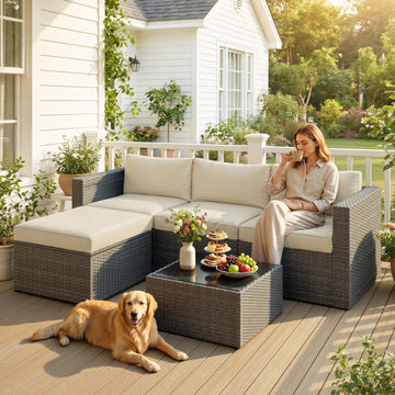 Outdoor Patio Furniture Set, 5-Piece Hand-Woven Rattan Outdoor Sectional Sofa with Thick Cushions, All-Weather Patio