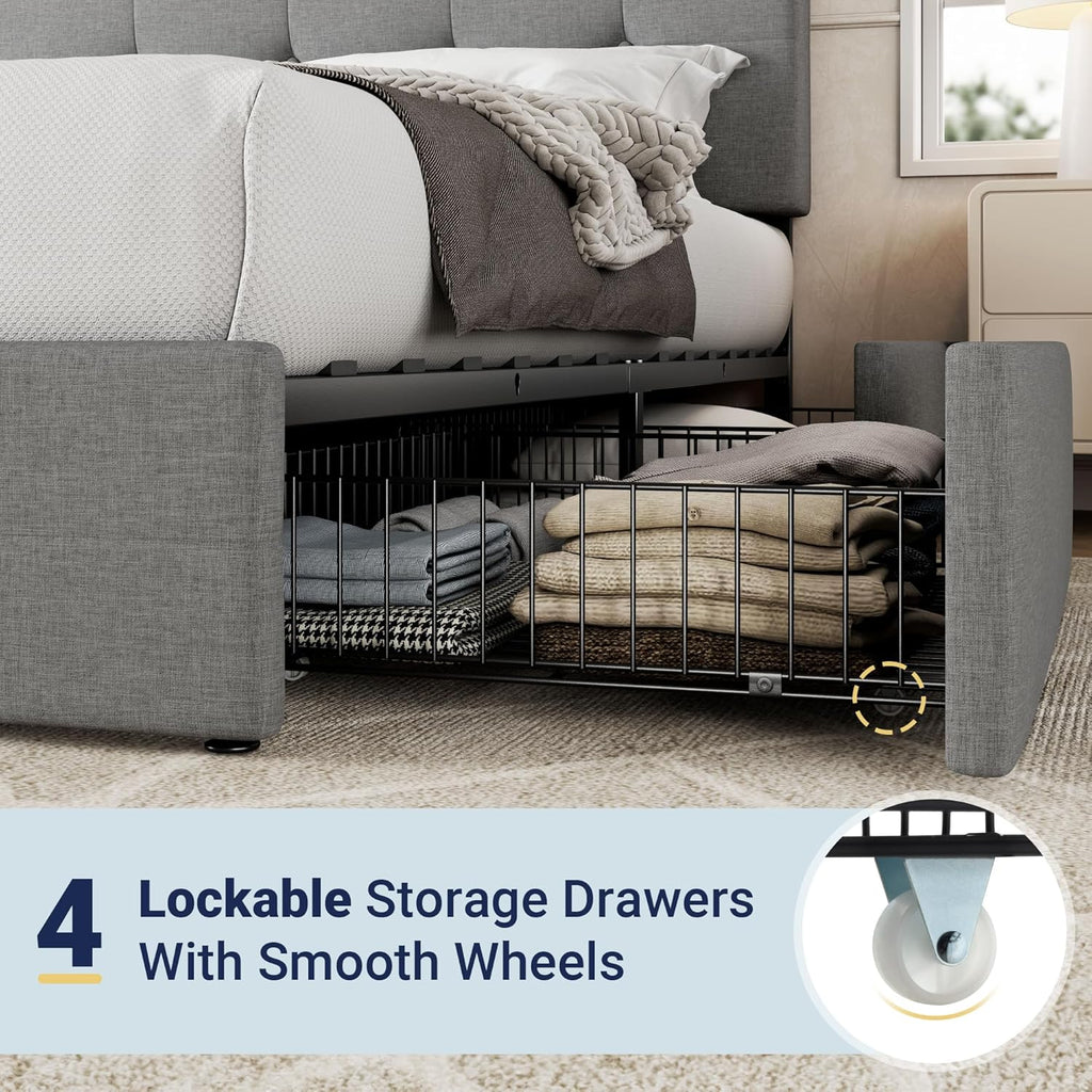Upholstered Queen Platform Bed Frame with 4 Storage Drawers and Headboard, Square Stitched Button Tufted