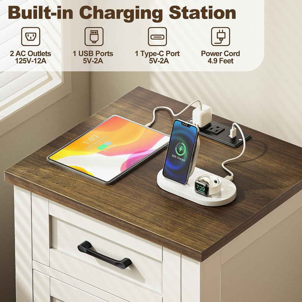 Farmhouse Nightstand with Charging Station, Set of 2 Modern End Tables with Large Storage and One Drawers, Outlets