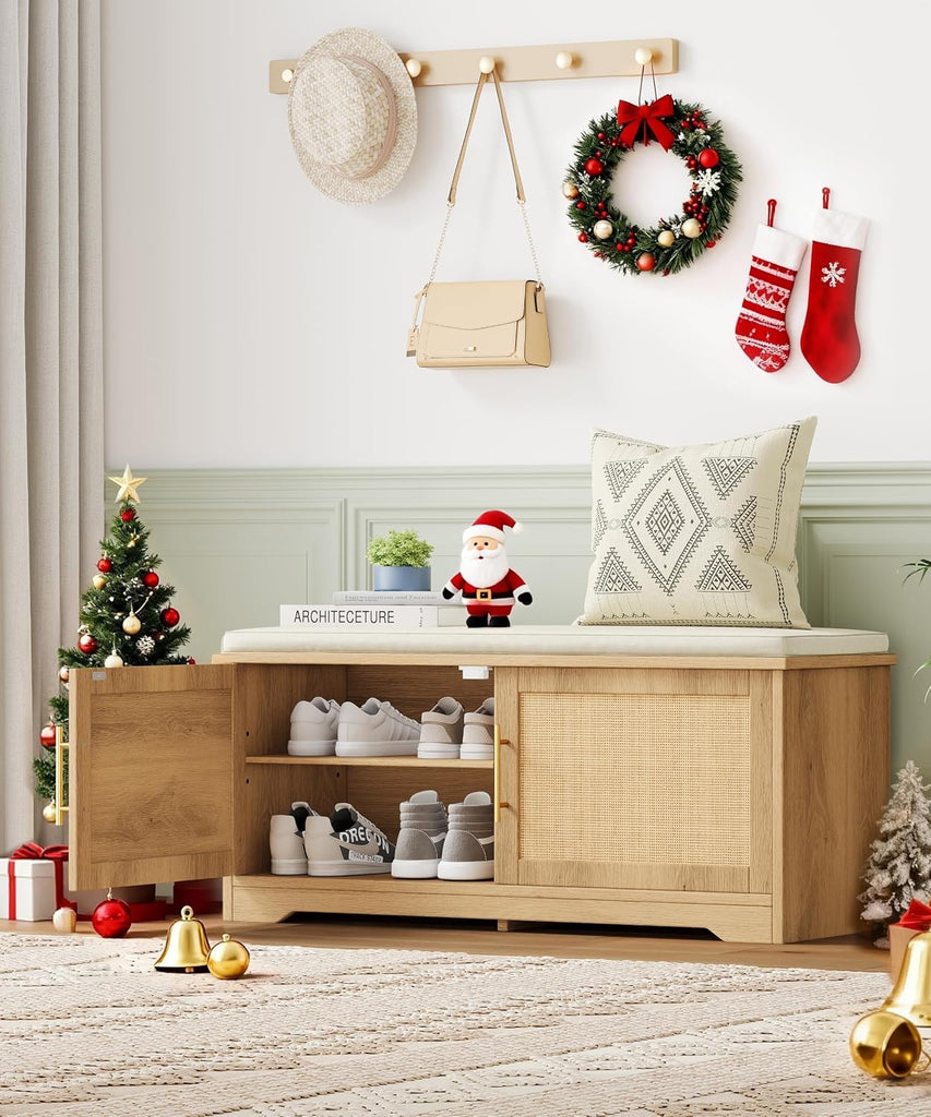 Rattan Shoe Storage Bench with Cushion, 39.4" Wide Entryway Bench with Adjustable Shelf, Hidden Shoe Organizer