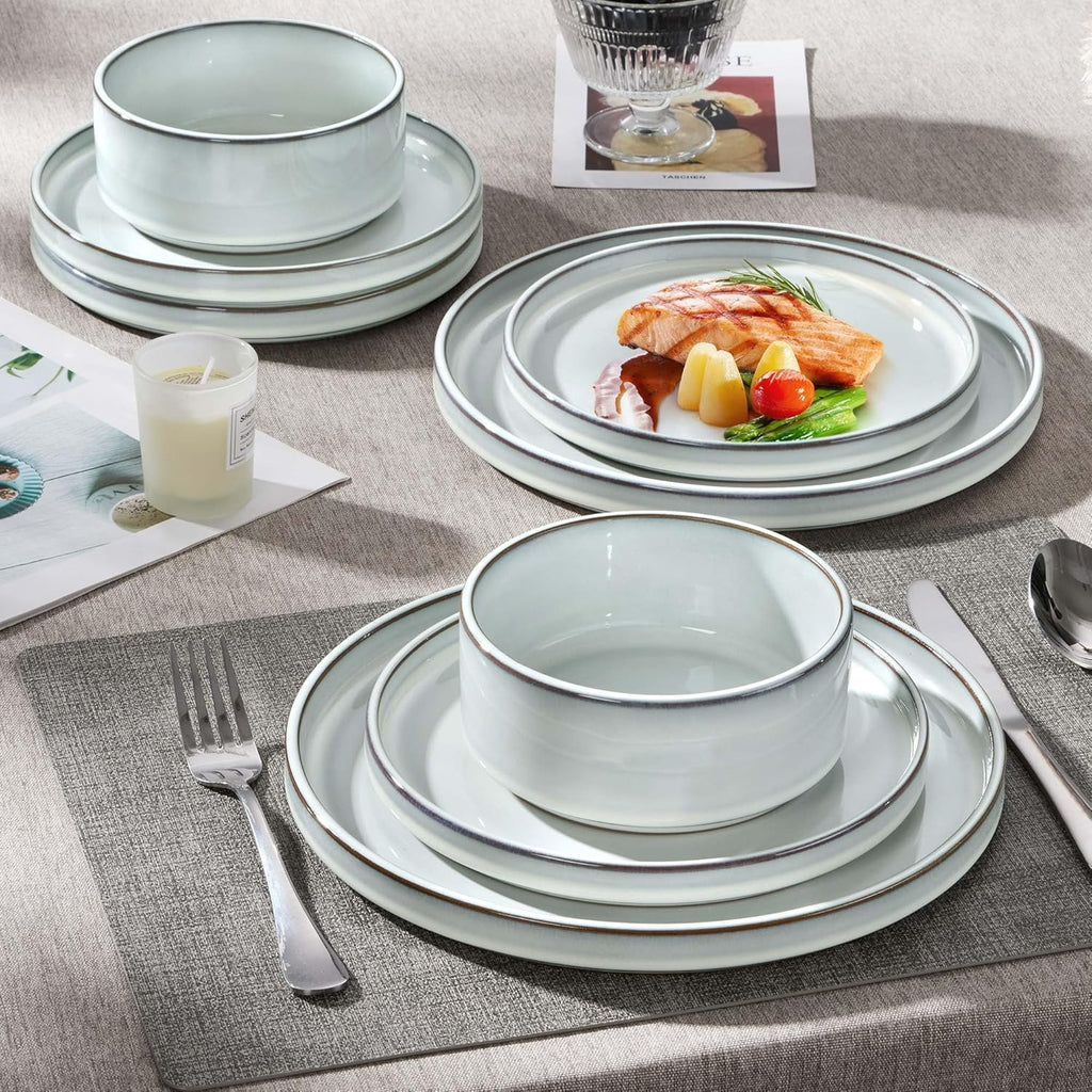 12 Pieces Stoneware Dinnerware Set for 4, Ceramic Dinner Dishware SetsPlates and Bowls with Rustic Terracotta Bottom