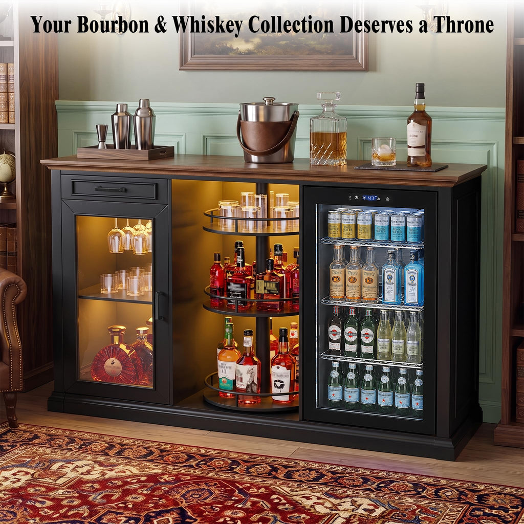 60.2-Inch Home Bar Cabinet with Fridge Space, Amber LED, Black/Walnut