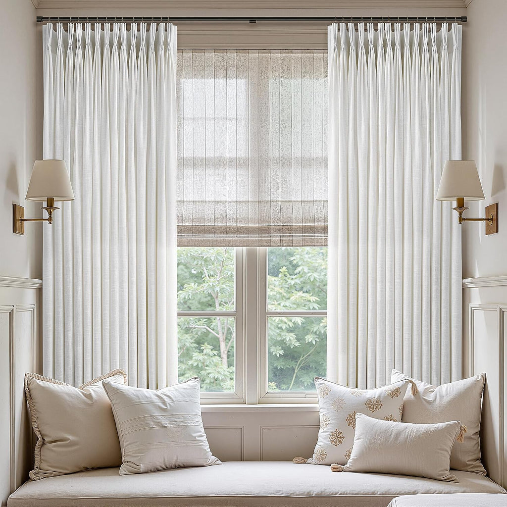 Natural Linen Pinch Pleated Curtains 84 Inch Length for Living Dining Room Cream Ivory Textured Pinch Pleat Drapes