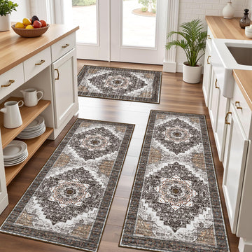 Kitchen Rugs Sets of 3 100% Non Slip Washable Kitchen Mats for Floor, Grey3