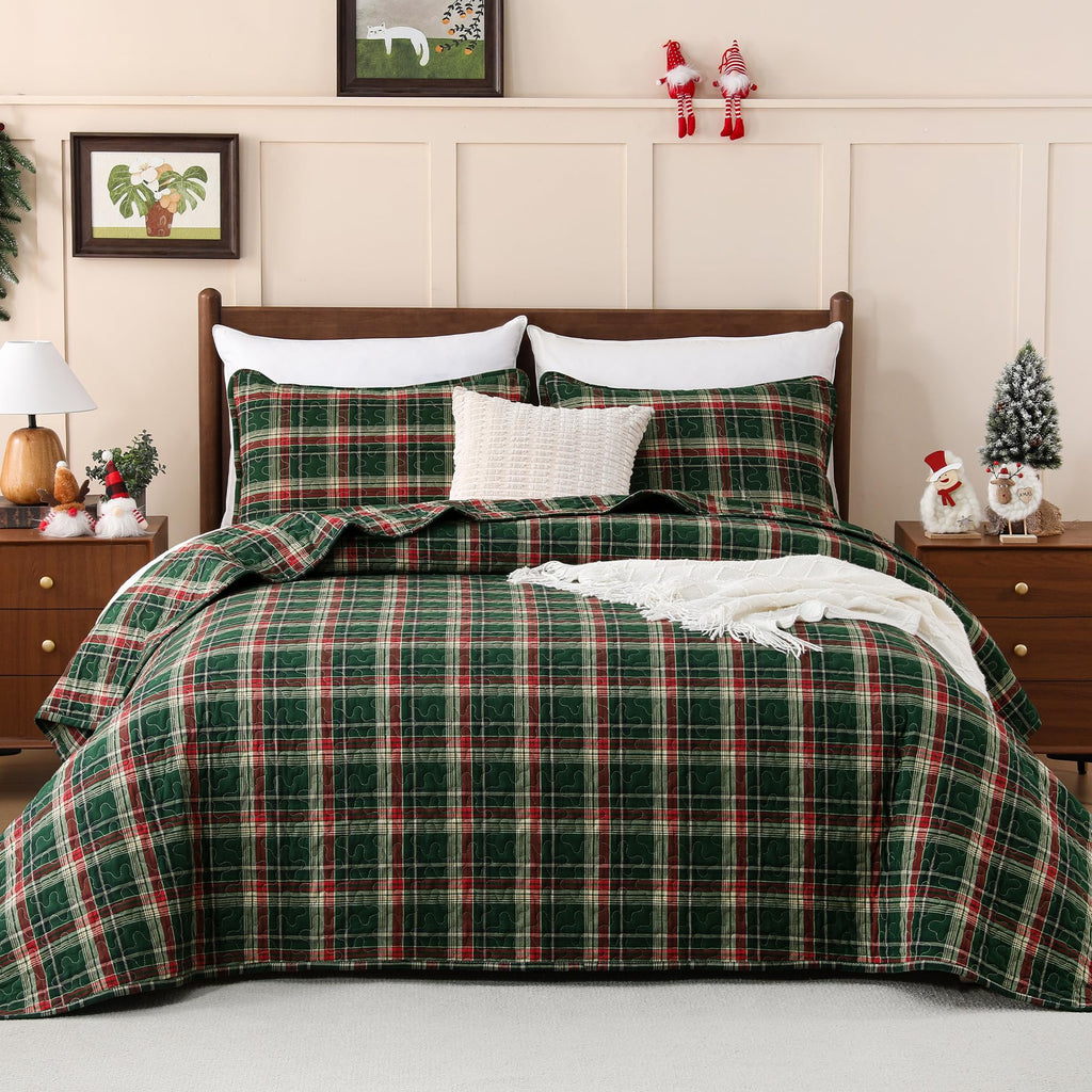 Christmas Plaid Quilt Bedding Set 100% Cotton, Twin 68"x86"