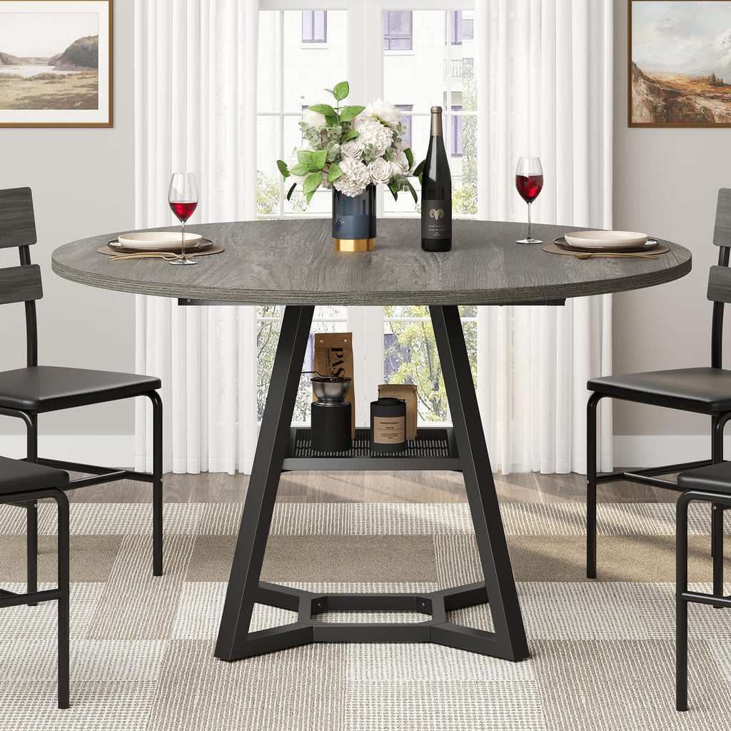 47" Round Dining Table for 4, Kitchen Tables Dining Room Circle Dinner Table with Pedestal Metal Frame, Space Saving
