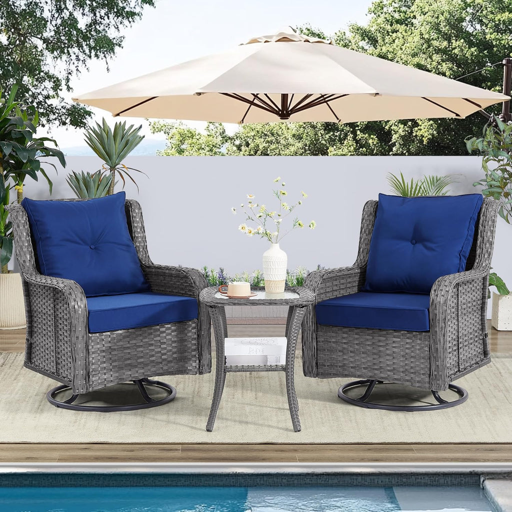Patio Furniture Sets, 3 Pieces Wicker Outdoor Furniture - 360 Degree Swivel Rocking Chairs and Rattan Side Table for