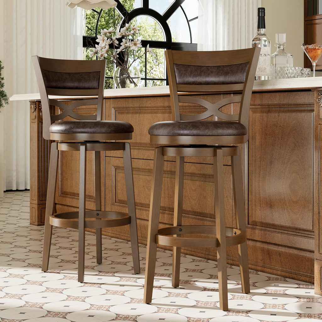 30 inch Bar Height Stools Set of 4, Swivel Bar Stools with Back, Wooden Bar Chairs Tall Faux Leather Kitchen Stools
