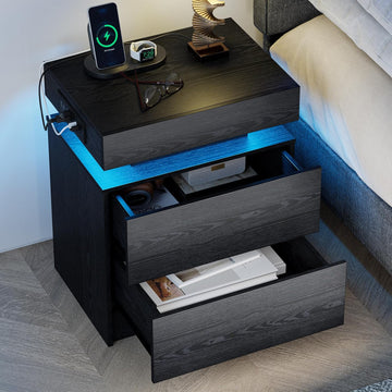 Nightstand with Charging Station LED Light and 2 Drawers Black | bedside table; end table; charging station; LED