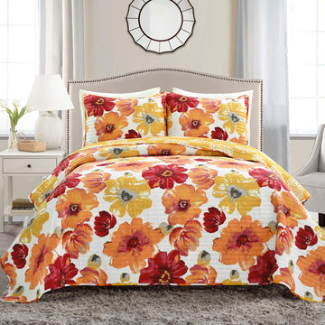 Leah Reversible Floral Quilt Set, 3 Piece Set, Red & Orange - Watercolor Botanical - Cottage Core - French
