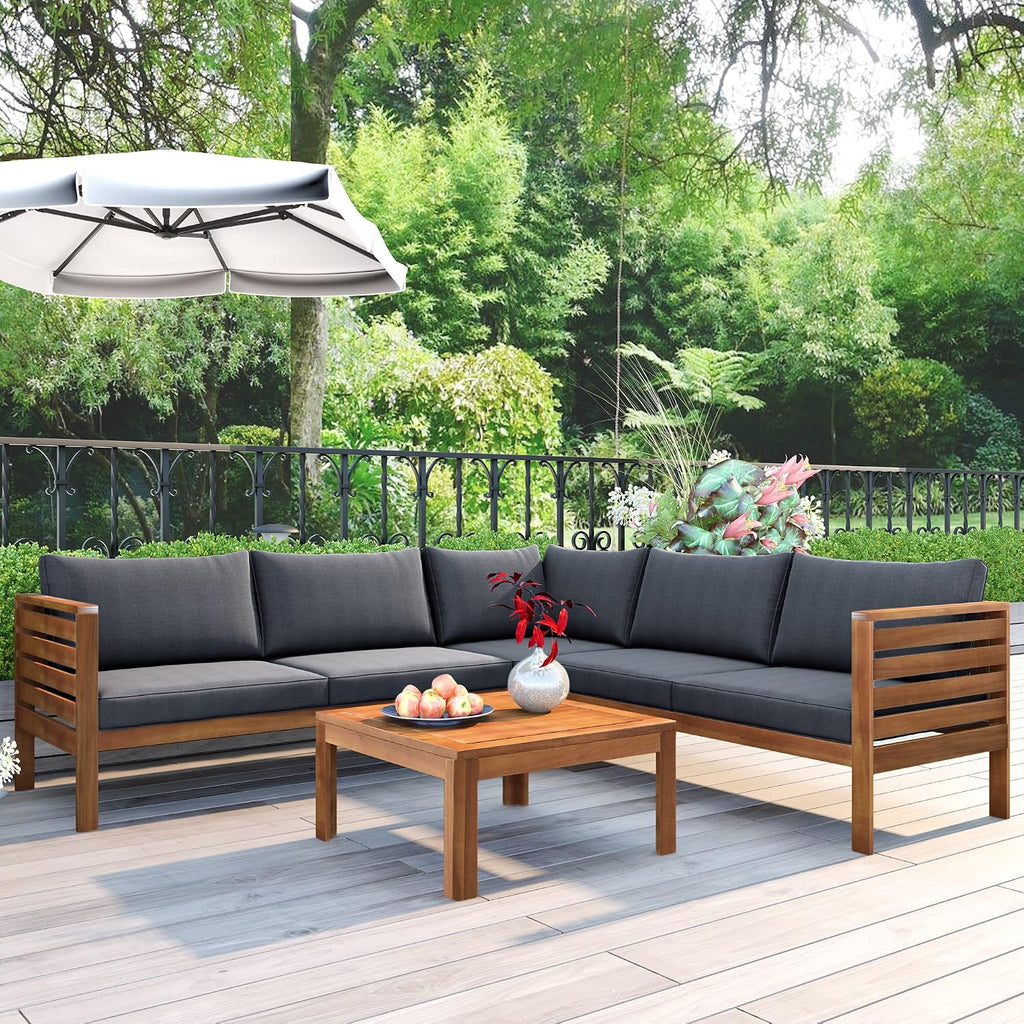 Outdoor Patio Natural Furniture Set L-Shaped Sofa Set, 4-Piece Acacia Wood Sectional Conversation Set with Loveseat