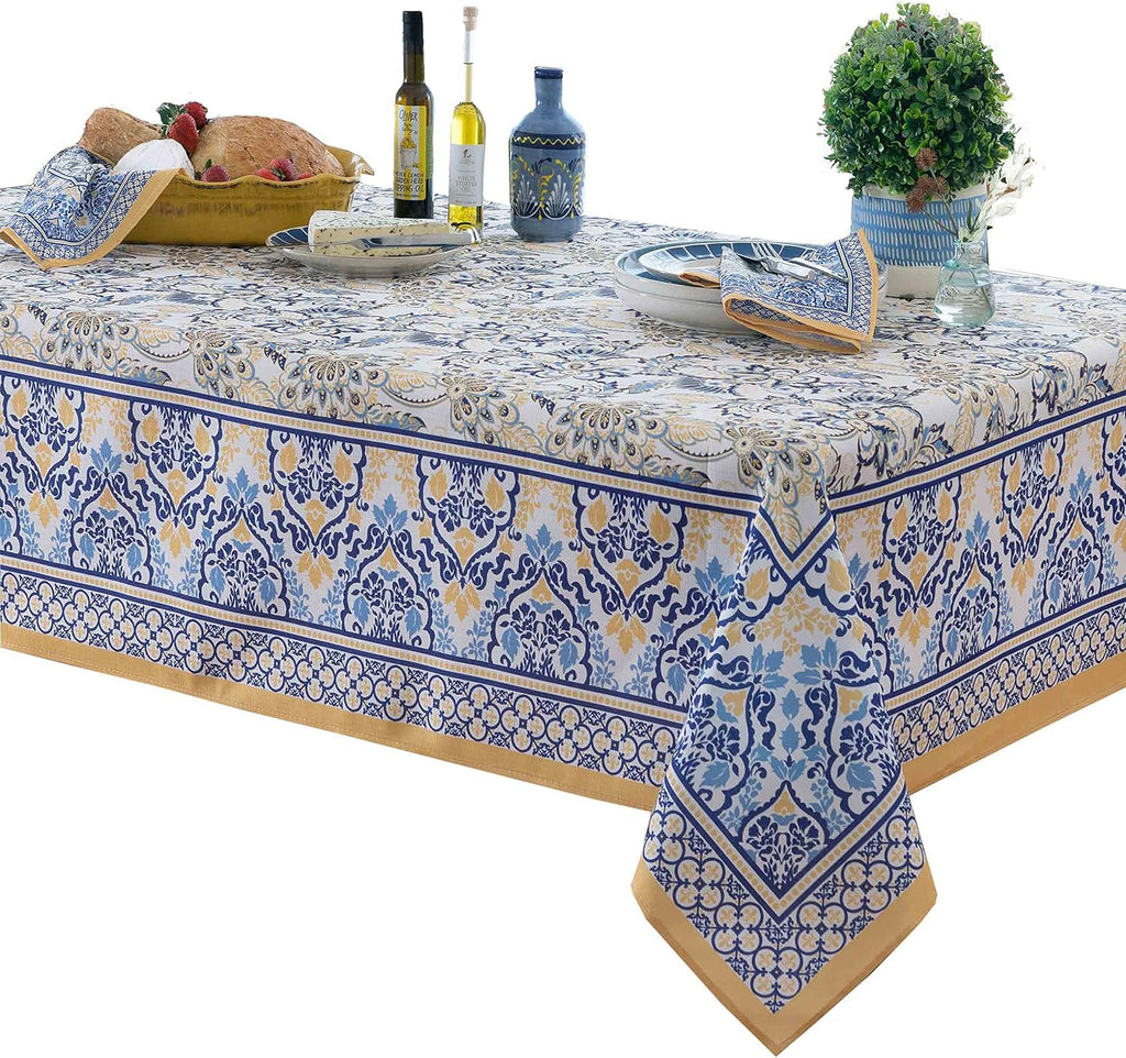 Rectangle Fabric Tablecloth, 60 x 84 Inch, Allure Yellow and Blue Floral Bordered Print, Indoor Outd