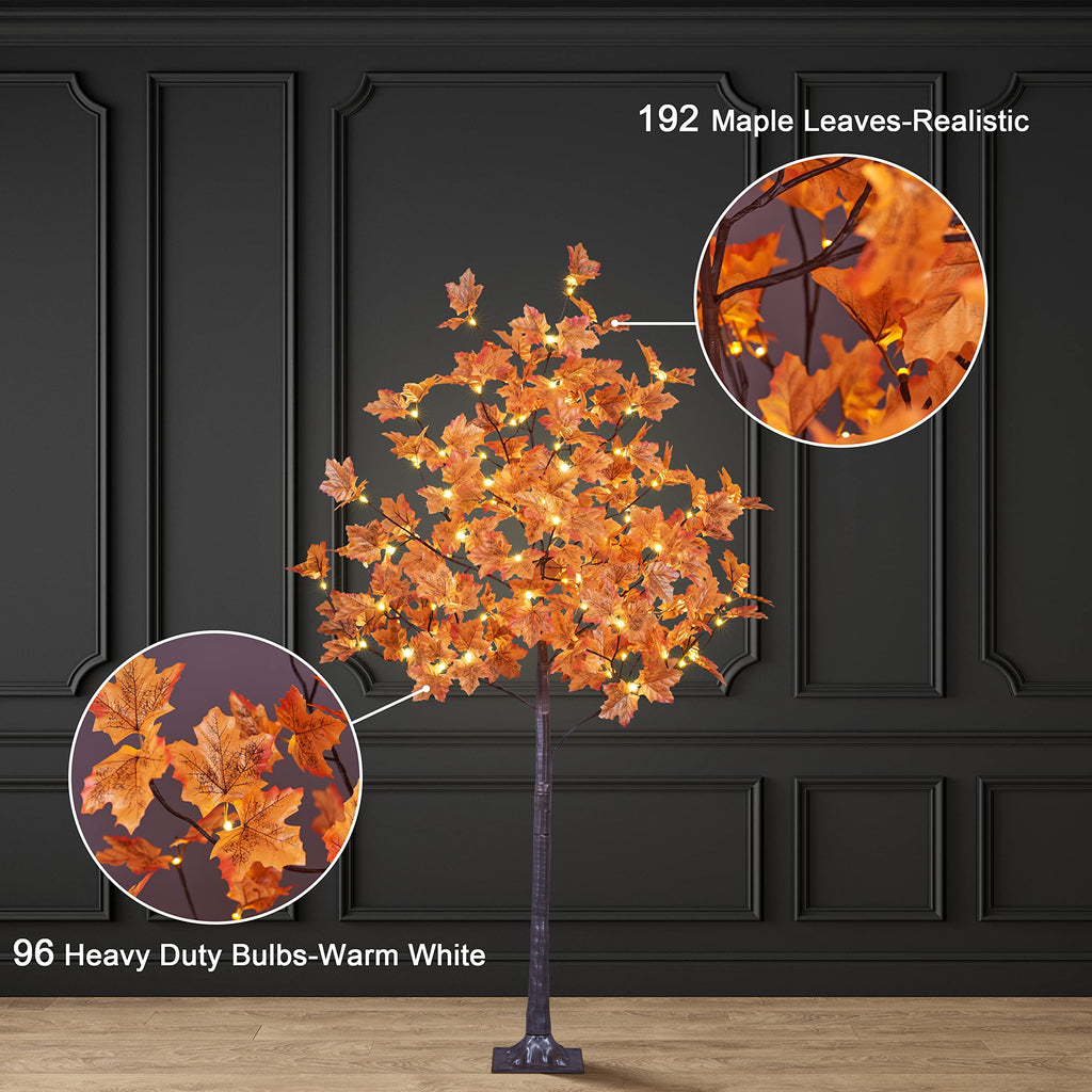 5FT 96LED Artificial Lighted Maple Tree Warm White Halloween Fall Decorations Indoor Ourdoor, Orange