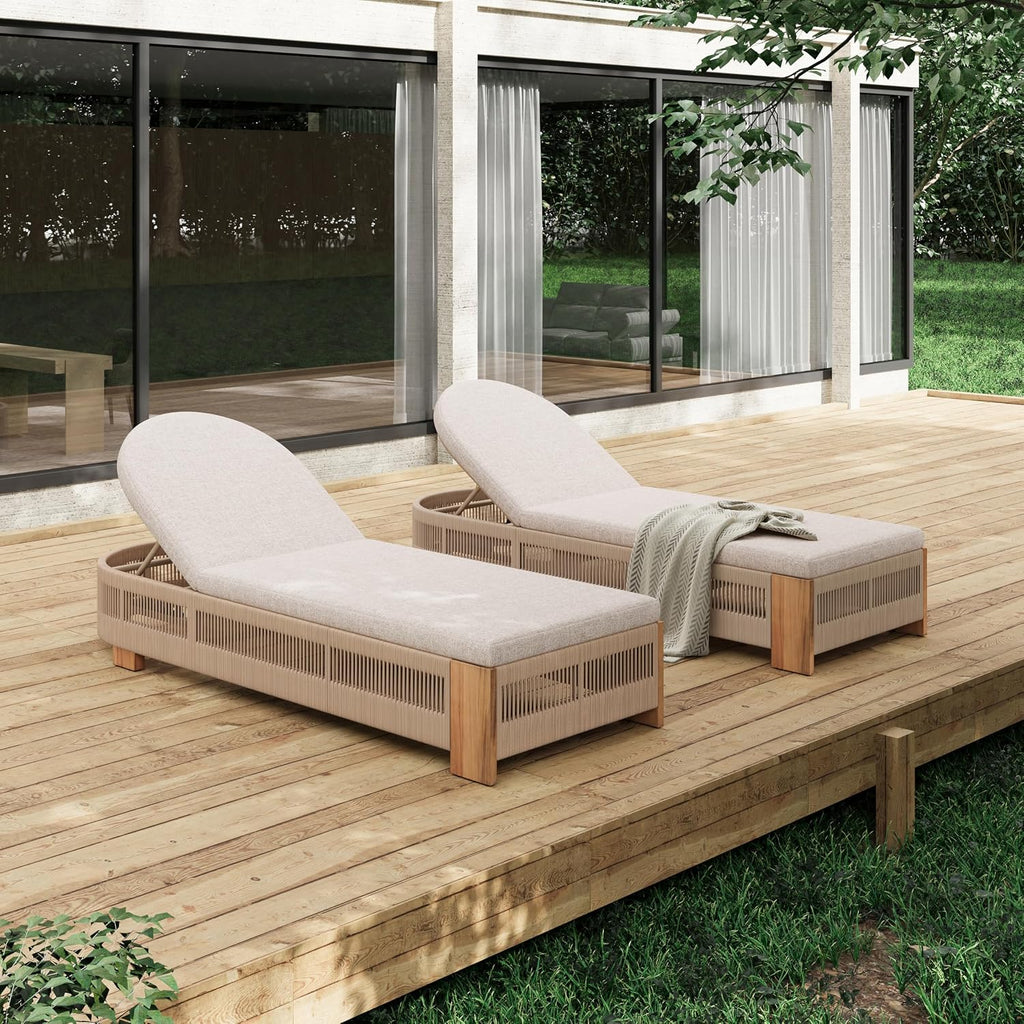 Patio Chaise Lounge Chair Set of 2, Patio Outdoor Acacia Wood Chaise Lounge with Cushions, Adjustable Backrest