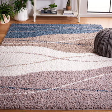 Calico Shag Collection Area Rug - 6'7" Square, Taupe & Blue, Modern Design, Non-Shedding & Easy Care, 1.6-inch Thick