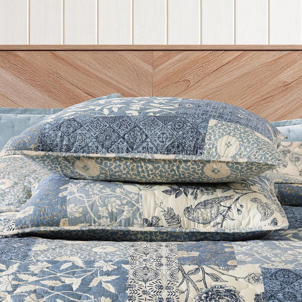 Quilt Set Queen, Patchwork Blue Floral Quilt Sets, Reversible Bedspread Lightweight and Breathable for All Seasons