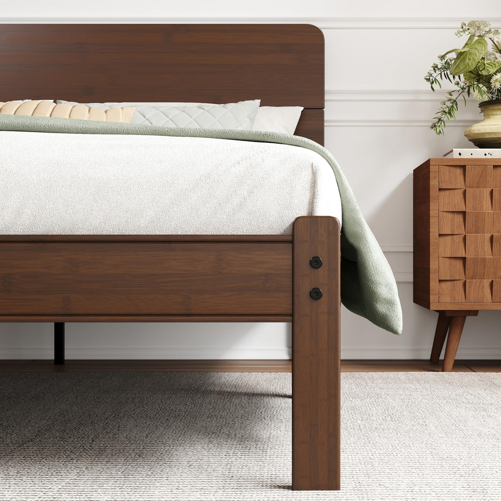 14" King Size Bamboo Wood Platform Bed Frame with Headboard, Walnut