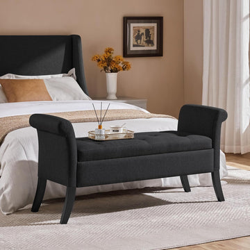 52in Black Storage Bench End of Bed with Rolled Arms | Button-Tufted Bench Seat with 1.9C Storage Space, Rolled Arms