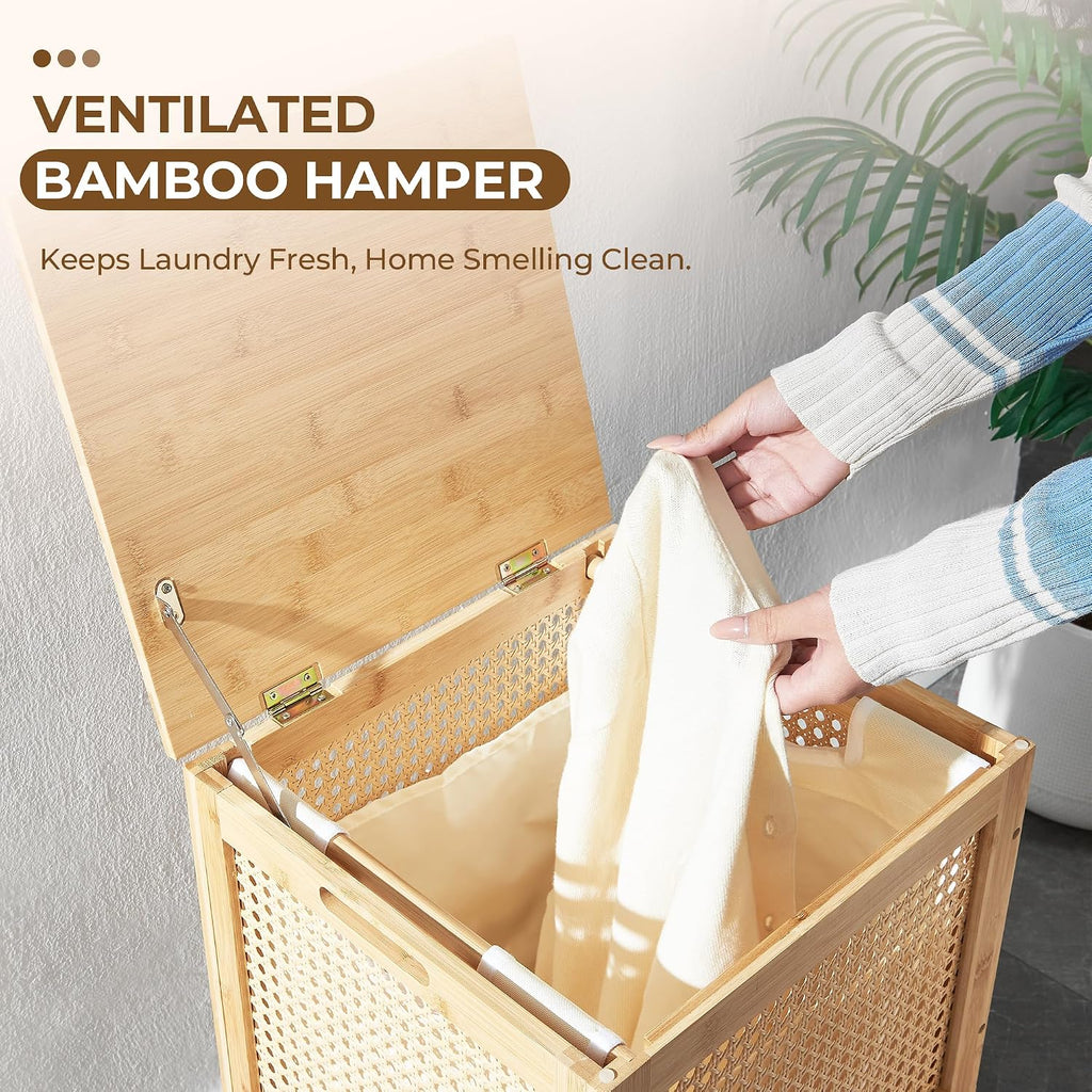 Bamboo Wicker Laundry Hamper Basket with Lid, 13 Gal/50L, Natural | Woven Wicker, Boho Bamboo Frame, Removable