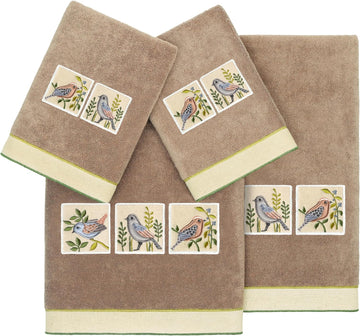 Vibrance 4-Piece Towel Set, Embroidered Birds, Premium Turkish Cotton, Plush Comfort, Country Elegance, 2 Bath 2 Hand
