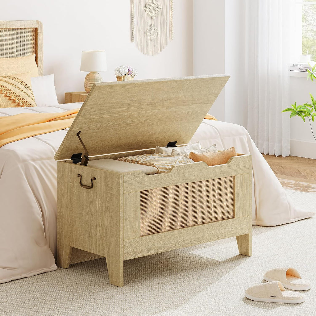 Farmhouse Storage Bench with Seat, 39.4" Wooden Storage Chest with Lid and Safety Hinge, Blanket and Shoe Organizer