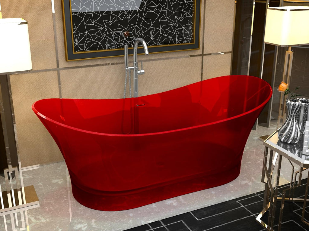 69" Flat Bottom Man Made Stone Freestanding Bathtub - Translucent Deep Red - Azul Series FT-AZ520-RD