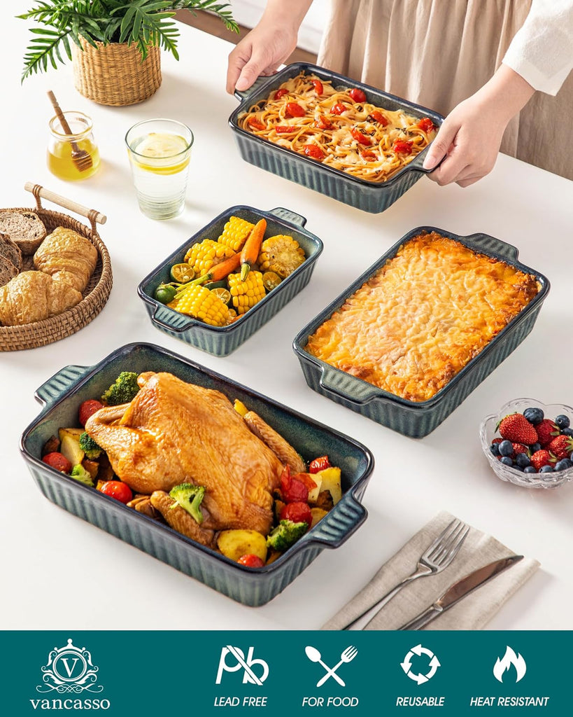 Ceramic Casserole Dishes for Oven, Reactive Glaze Dishes Set of 4, Deep Rectangular Lasagna Pans with Handles