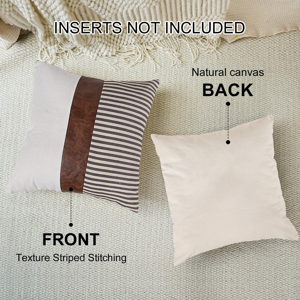 Set of 2 Farmhouse Decor Stripe Patchwork Linen Throw Pillow Covers, Modern Brown Faux Leather Pillow Covers 18x18