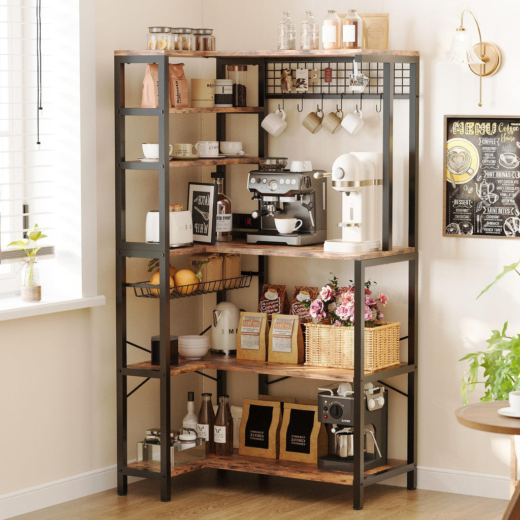 Bakers Rack with Storage, Corner Coffee Bar with Power Outlet