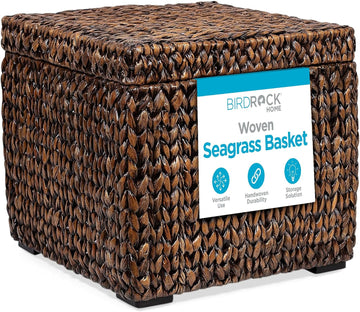 Storage Cube Box with Lid - Brown Wash Seagrass - Large Hand Woven Floor Container for Blankets Pillows - Sturdy