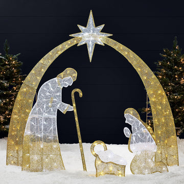 4.5ft Lighted 2D Outdoor Nativity Scene, Christmas Arch Holy Family Yard Decoration w/ 115 LED Lights, Stakes, Zip
