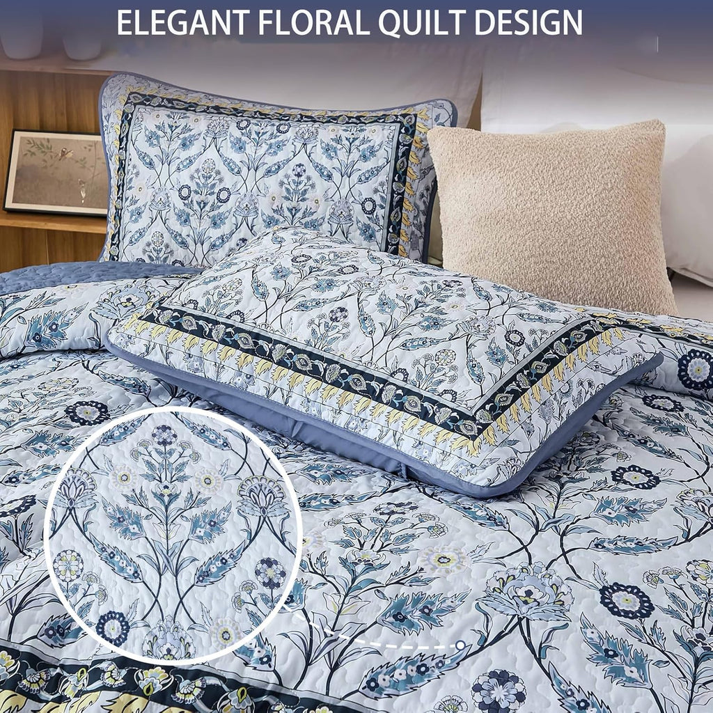 Quilt Sets, Navy Blue Floral Quilt Set 3 Pieces Boho Bedspread Coverlet Set with 2 Pillowcases Soft