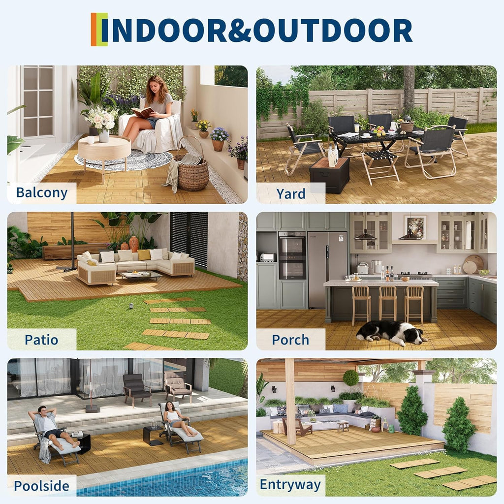 22 PCS Solid Acacia Wood Composite Deck Tiles - 12" x 12" Indoor Outdoor Waterproof Flooring Tiles for Balcony