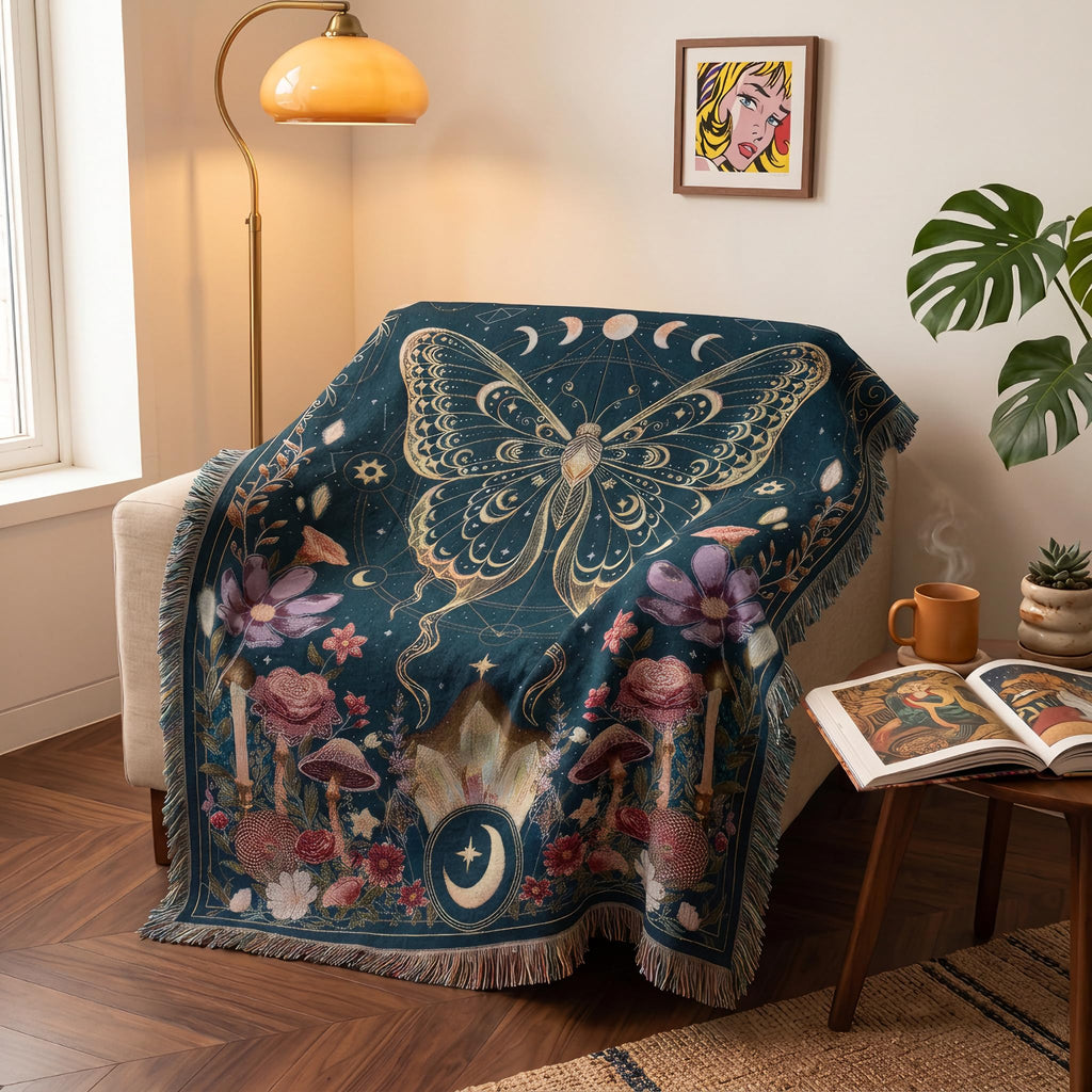Cotton Woven Butterfly Throw Blanket Whimsical Boho Throw Blanket with Tassels for Couch Bed Chair Lounge Hippie Room