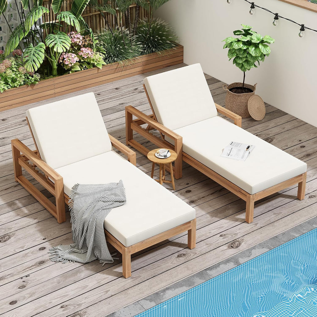 Acacia Wood Outdoor Chaise Lounge Set of 2, Patio 5-Postion Lounge Chairs with Adjustable Backrest & Beige Cushions