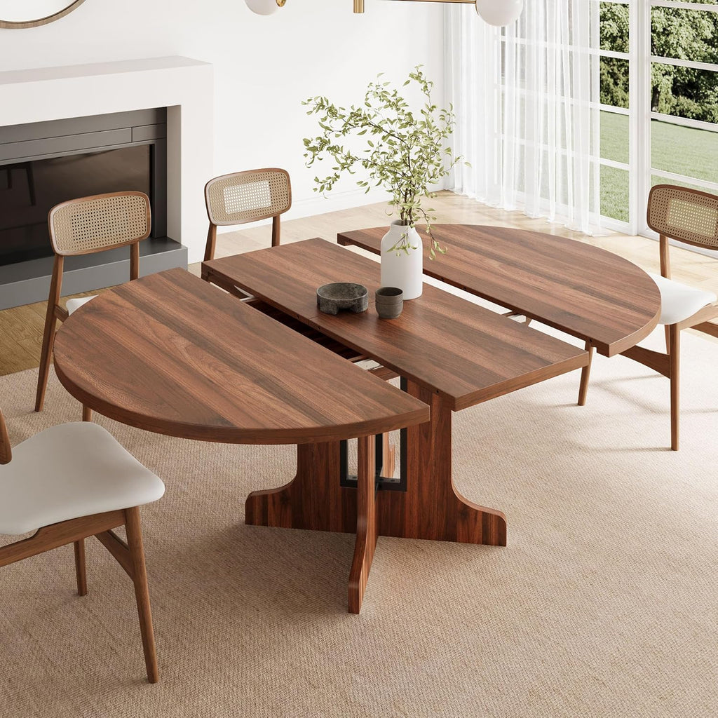 59" Round Extendable Dining Room Table for 4-6, Modern Oval Kitchen Table with Heavy Duty Wood Base, Metal Frame
