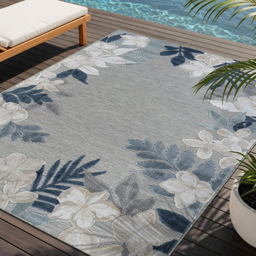 Outdoor Rug 5x7 Washable Area Rugs Indoor Outdoor Carpets Blue Border Floral Non Shedding Waterproof